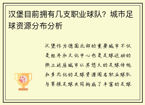 汉堡目前拥有几支职业球队？城市足球资源分布分析