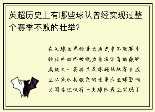 英超历史上有哪些球队曾经实现过整个赛季不败的壮举？